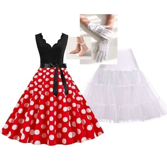 ❤ 4PCS Bundle Minnie Mouse Costume 1950s Retro Pinup Dress & Accessories L NEW - Picture 1 of 12